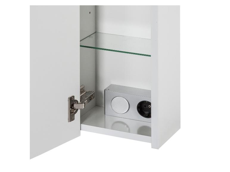 Witte badkamerkast met open deur, glazen plank en geïntegreerd stopcontact