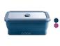 Blauwe opvouwbare voedselcontainer met transparant deksel en twee kleuropties.