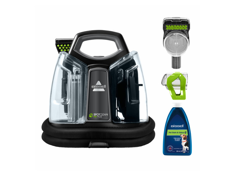 Een Bissell SpotClean Pet Plus vlekkenreiniger met accessoires en een fles Bissell vlekkenreiniger.