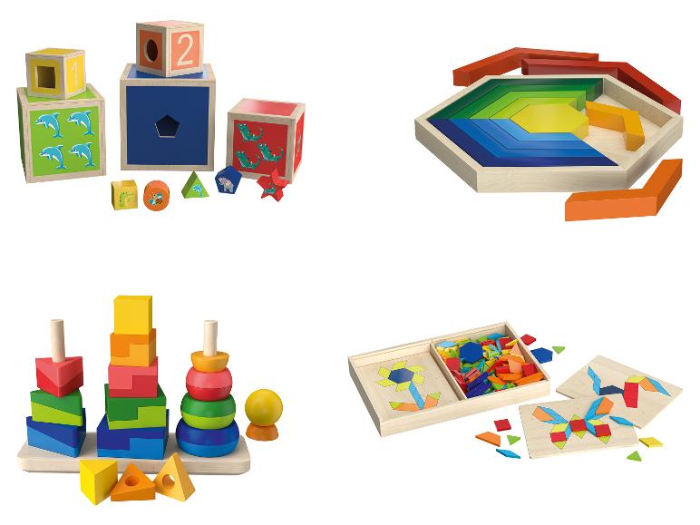 Vier verschillende houten speelgoedjes voor kinderen: bouwstenen, puzzel, toren en geometrische vormen.