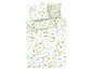 Beddengoed met een terrazzo patroon in blauw, geel en groen.