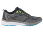 Grijs en zwarte hardloopschoenen met blauwe details.