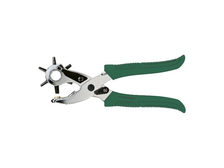 Lederen perforator met groene handvatten en een draaibare kop met zes gatmaten.