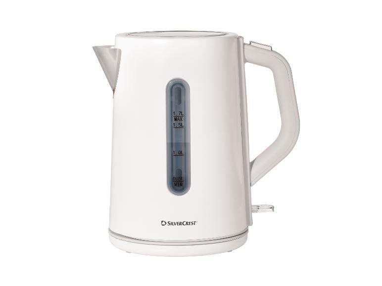 Witte Silvercrest waterkoker met waterniveau-indicator en 1,7L inhoud.