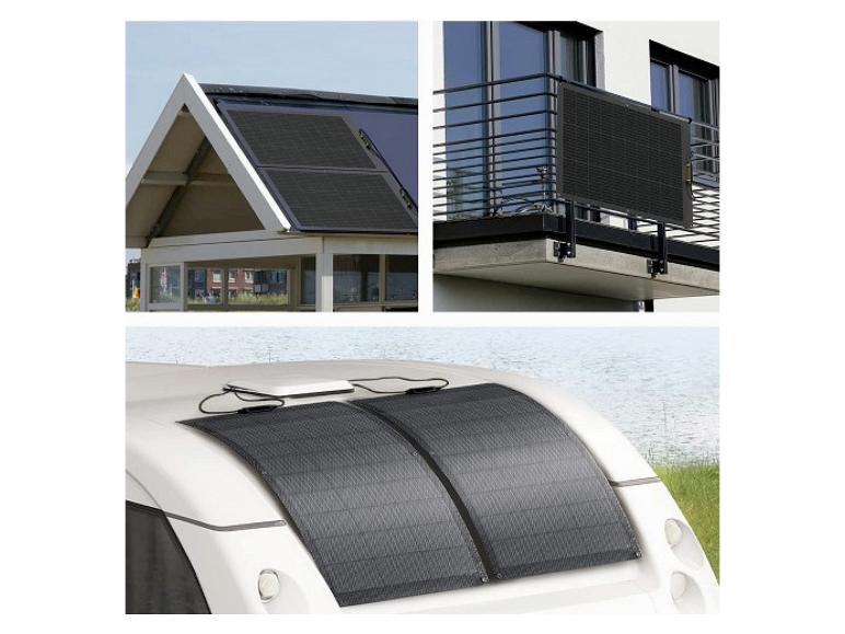 Flexibele zonnepanelen geïnstalleerd op een dak, balkon en camper.