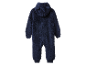 Blauwe fleece romper voor baby's met capuchon.