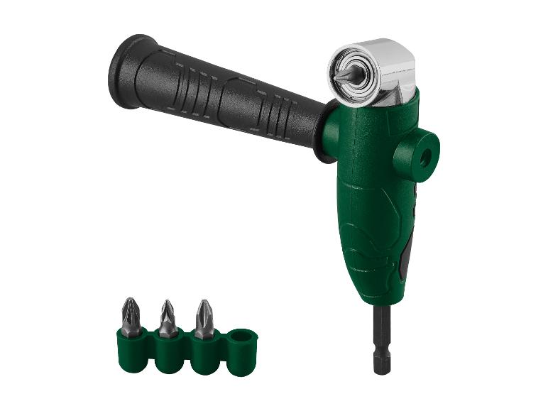 Een groene boorhoek met drie verschillende schroevendraaierbitjes.
