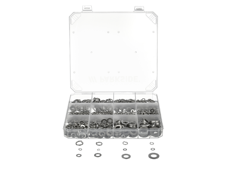 Transparante opbergdoos met een assortiment metalen ringen van PARKSIDE.