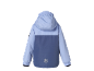Kinderjas in blauw en paars met capuchon en sneeuwvlok op de rug.