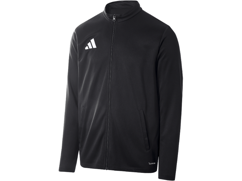 Zwart sportjack met rits en wit logo op de borst.