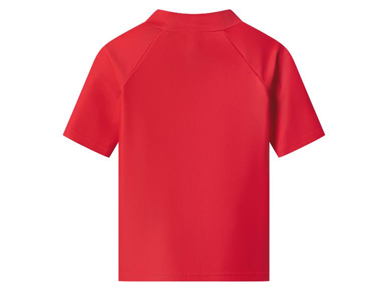 Rood kinder T-shirt met korte mouwen en opstaande kraag, achteraanzicht.