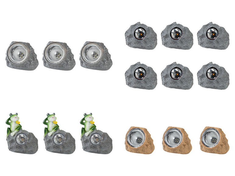 Zonne-energie LED-stenen lampen met kikkers en stenen designs.