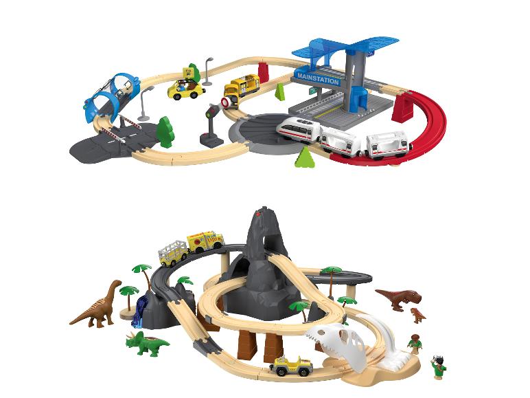 Houten treinset met stads- en dinosaurus-thema, inclusief rails, voertuigen en accessoires.