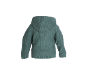 Achterkant van een groen gebreid babyvest met capuchon.