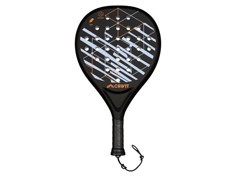 Zwart padelracket met oranje en blauw geometrisch ontwerp, met de tekst 'Resistant' en 'Light'.
