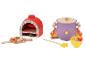 Houten speelset met pizzaoven en soeppan, met accessoires.