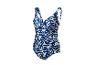 Dames badpak in blauw en wit patroon met verstelbare bandjes.