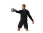 Man in zwarte sportkleding traint met gewichten.
