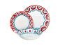 Wit servies met rode en blauwe decoratieve randen.