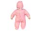 Een roze babypop met een mutsje en een romper.