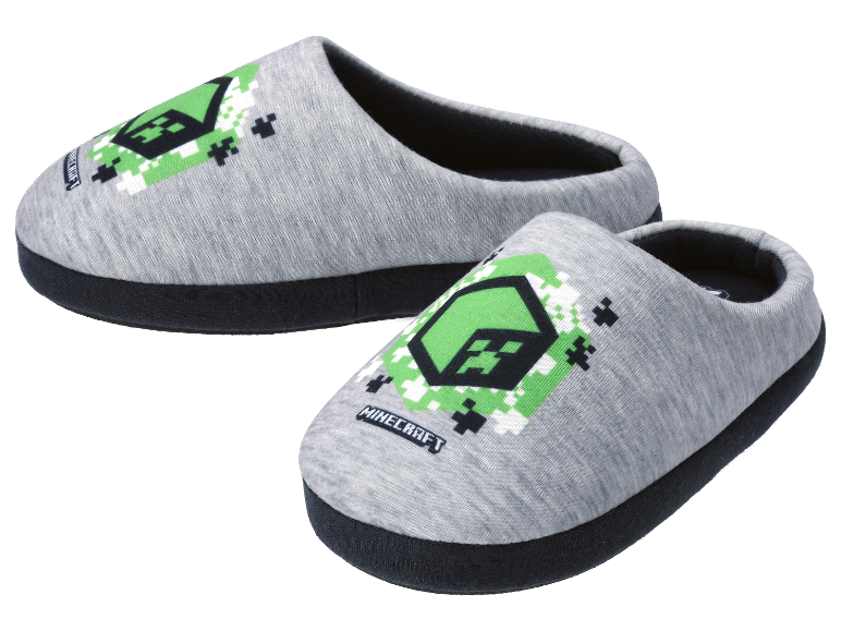 Grijze Minecraft pantoffels met pixel design.