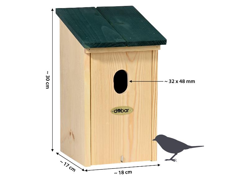 Houten vogelhuisje met groen dak, afmetingen 30x18x17 cm, en ovale ingang 32x48 mm