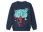 Blauwe sweater met superheldenprint en de tekst 'NEIGHBORHOOD HERO'.