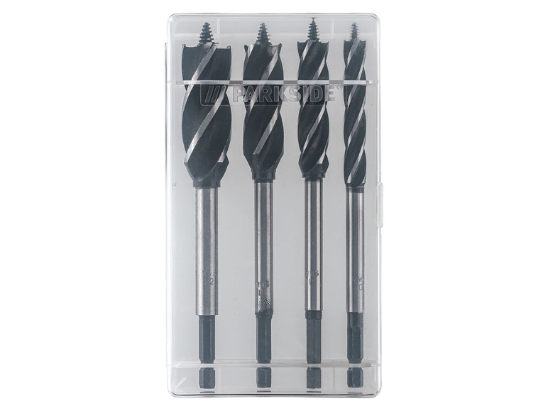 Een set van vier PARKSIDE boortjes in een plastic doosje.
