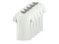 Verpakking van vijf witte heren T-shirts met korte mouwen, ronde hals en grijze stiksels.