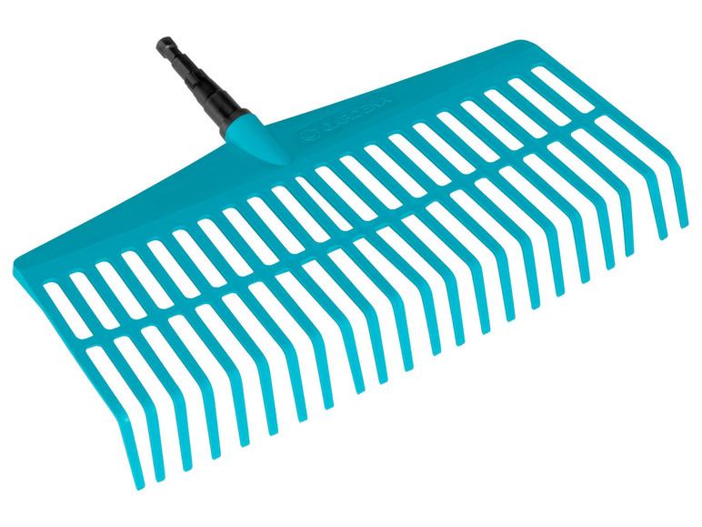 Een blauwe plastic hark met een zwarte steel.