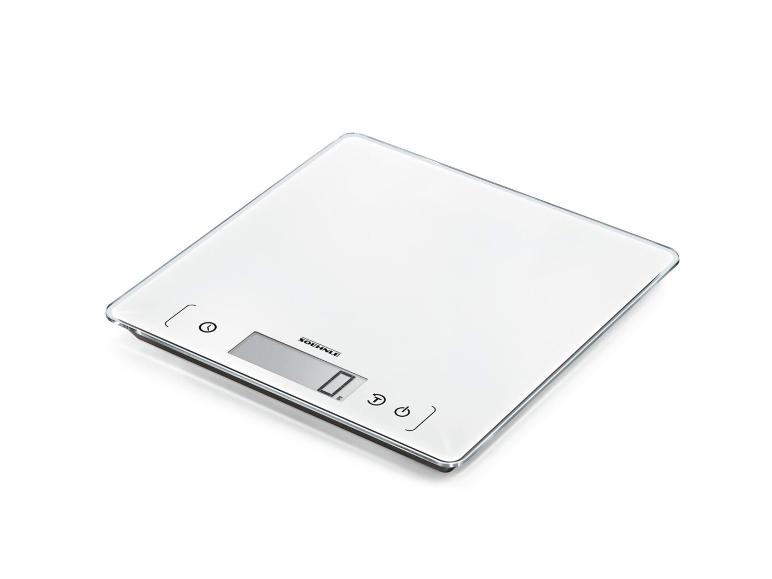 Witte digitale keukenweegschaal met glazen oppervlak en display dat '0 gr' toont.