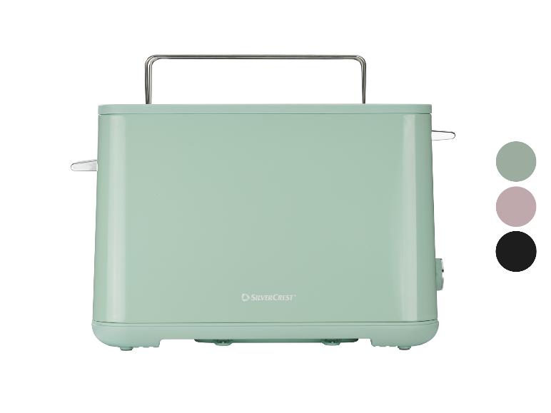 Mintgroene broodrooster met metalen handvat en kleurkiezer.