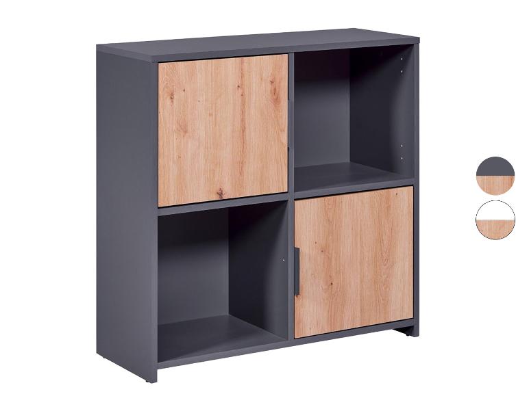 Kast met twee houten deuren en twee grijze compartimenten.