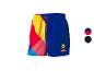 Heren zwemshort in blauw, geel, rood en roze, met een geometrisch patroon.
