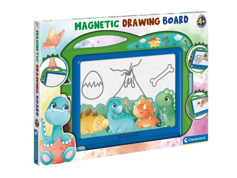 Clementoni magnetisch tekenbord met dinosaurus-thema, aanbevolen voor 4+ jaar.