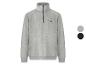 Grijs gemêleerde sweater met opstaande kraag en rits, geborduurd logo, getoond met kleuropties.