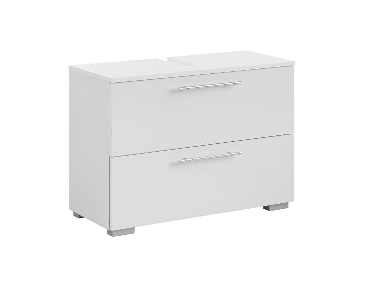 Witte badkamerkast met twee lades en chromen handgrepen
