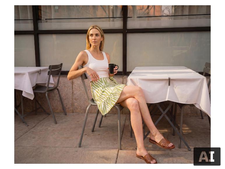 Vrouw in ESMARA® geribde top zit op een terras met een kop koffie. [AI-gegenereerde afbeelding]
