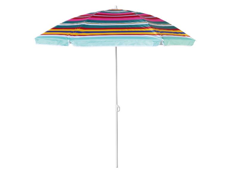 Kleurrijke gestreepte strandparasol met witte paal