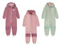 Drie baby-overall pakken met capuchon in roze en groen met kroon- en hartmotieven.