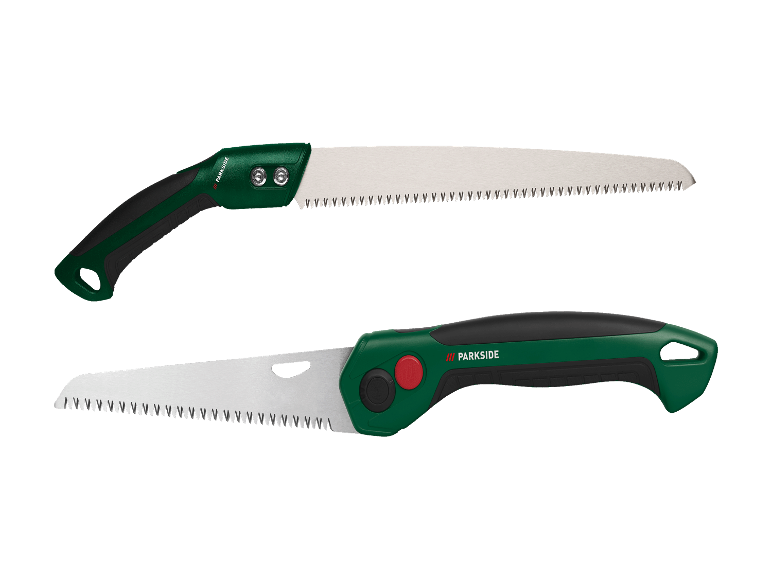 Twee Parkside handzagen, één met een gebogen en één met een rechte handgreep.