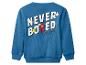 Blauwe Mickey Mouse sweater met de tekst 'NEVER BORED' en Mickey's hand en oren
