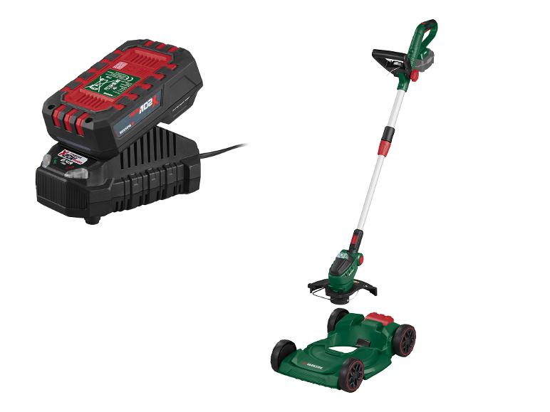 Accu grasmaaier en grastrimmer set met oplader.