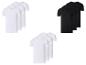 Verpakkingen witte V-hals en ronde hals T-shirts, en zwarte ronde hals T-shirts.