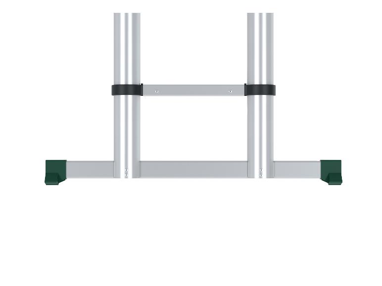 Detail van een ladder met aluminium frames en groene voeten.