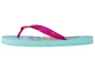 Blauwe slippers met roze band en print van een regenboog