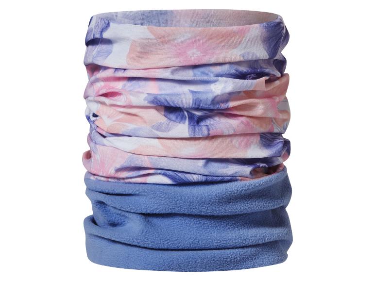 Tubulaire bandana met roze en paarse bloemenprint, met blauw fleece ondergedeelte.