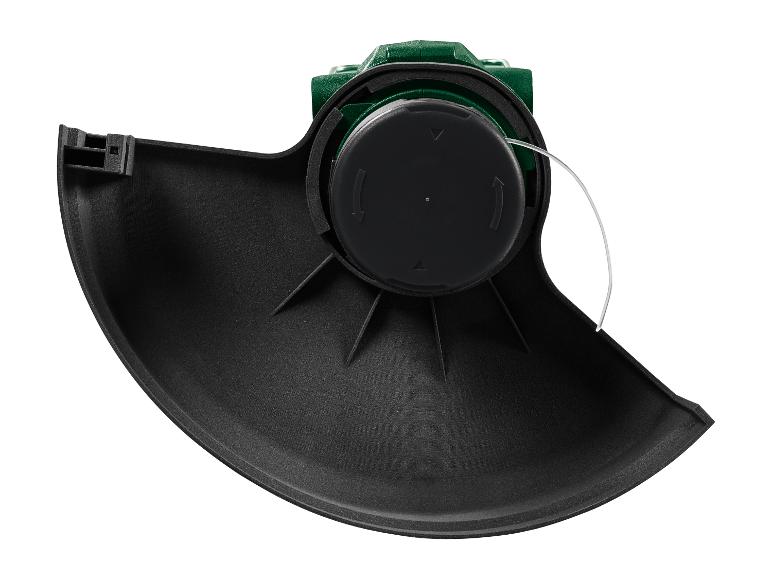 Close-up van een zwarte grastrimmerkop met een groene basis en witte snijdraad.