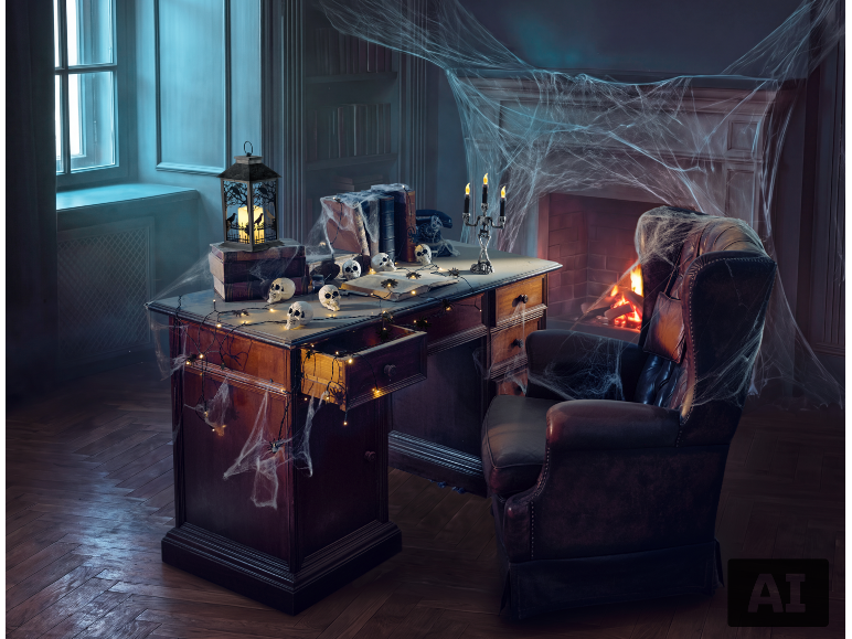 Halloween-thema studeerkamer met bureau, stoel, open haard en griezelige decoraties zoals schedels en spinnenwebben.