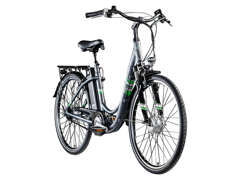 Een zwarte elektrische fiets met groene accenten.